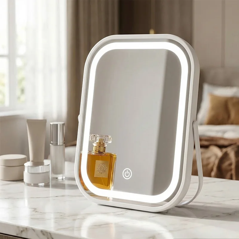 

Светодиодное умное настольное зеркало с подсветкой для общежития, маленькое зеркало для макияжа, USB-перезаряжаемое, для спальни и туалетного столика