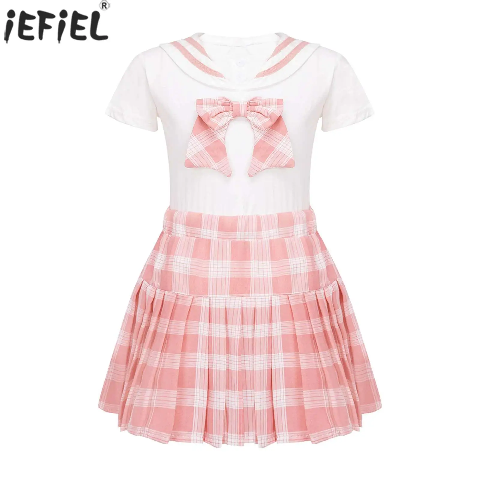 

Kids Girls Clothing Short Sleeve Round Neck Bow Decor Top with Plaid Pleated Skirt 2 Pcs Set Little Girls Daily School Uniforms