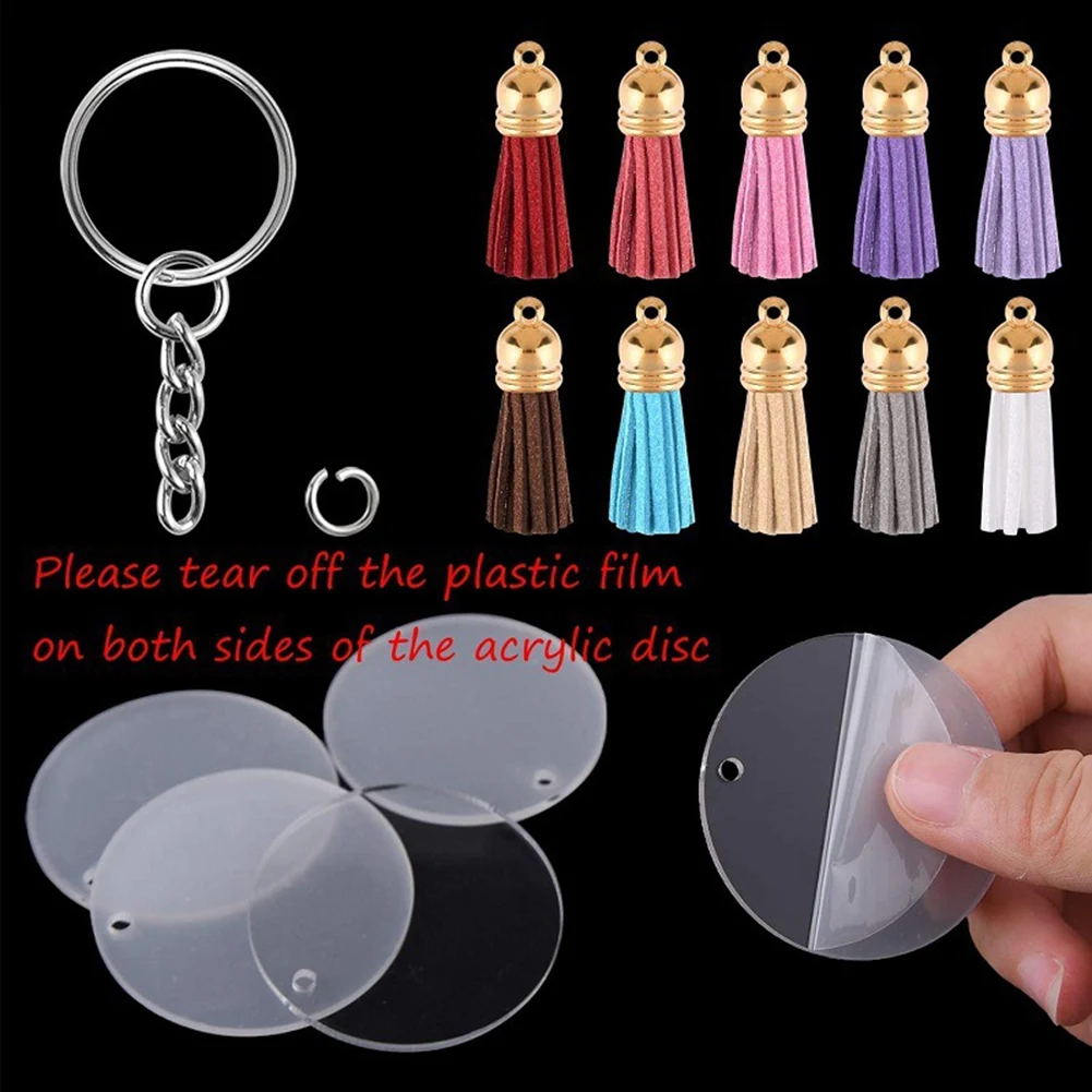 Kit transparent de porte-clés circulaire en acrylique, 120 pièces pour projet en vinyle Cricut, comprenant des blancs de disques en acrylique, Tassels-AT64