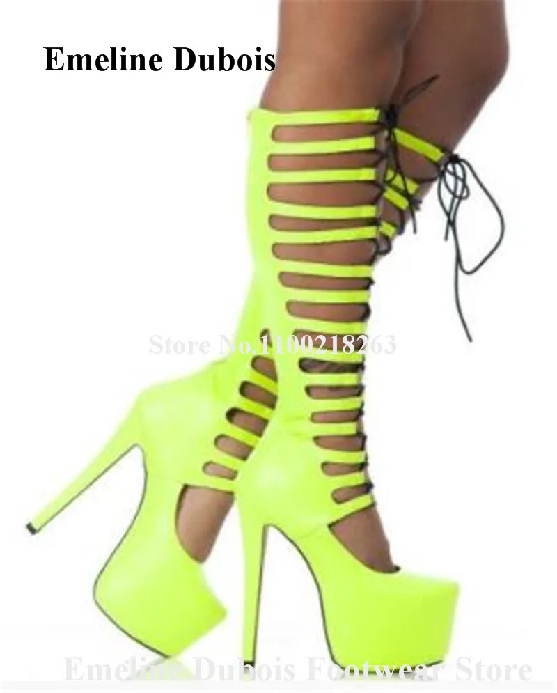 

Neon Yellow Platform Gladiator Boots Emeline Dubois Round Toe Stiletto Heel Sandals Boots Lace-up Suede Long High Heels