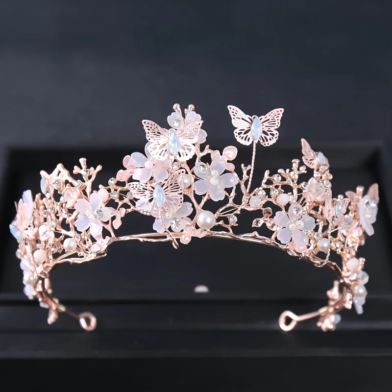 Baroque Pearl Rhinestone Crown Flower Butterfly Princess Tiara Headband Hairband Women Bridal Wedding Hair Accessories Jewelry