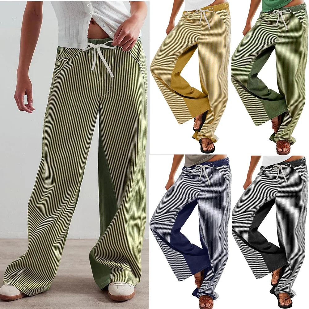 

Pant Women Wide Leg Long Pants Striped High Waist Straight Trousers Y2k Streetwear Slim Capris Elegant Splice Work Autumn 2025