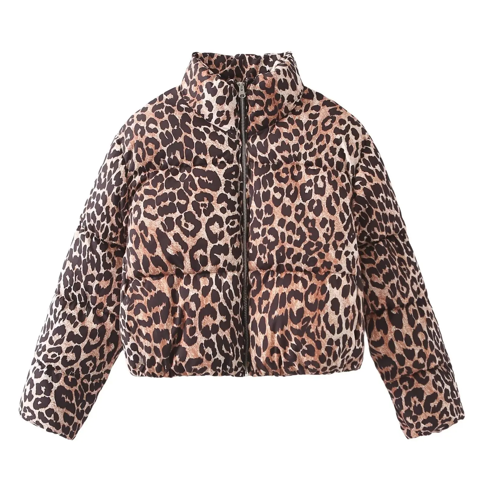 2024 Winter Ladies New Fashion Leopard Print Pattern Print Cotton-Padded Jacket Stand Collar Loose and Warm Cotton-Padded Jacket