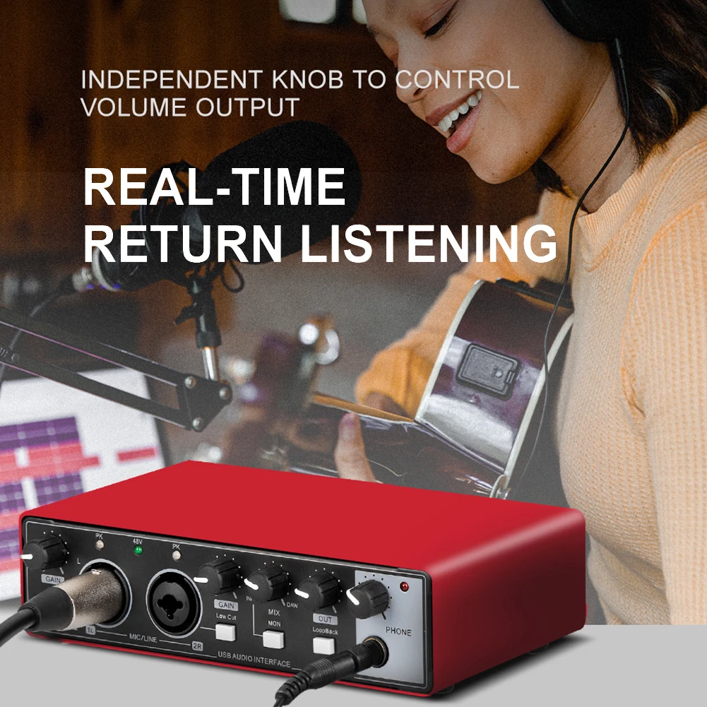 For Guitar Recording MD22 Audio Sound Card 48V Phantom Power USB Audio Interface with Loopback Monitor 24-bit/192 KHZ Monitor