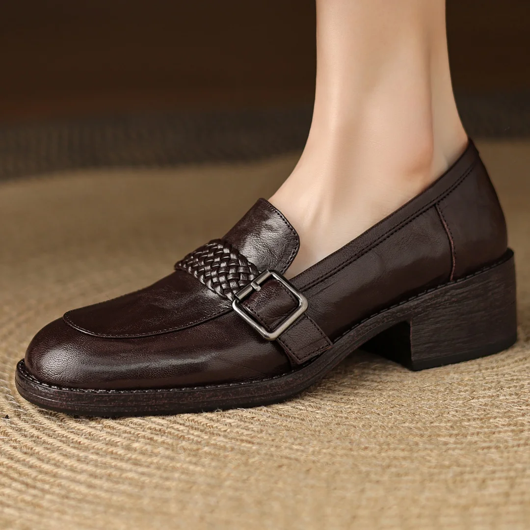 

Plus size 34-41 women's pleated sheepskin round toe metal buckle slip-on flats loafers high quality soft comfortable moccasins