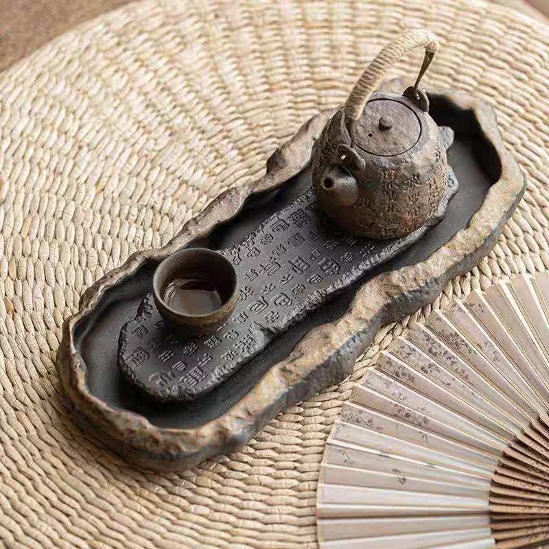 

1PC Chinese Retro Scripture Tea Tray Creative Tray Ceramic Pot Load-bearing Dry Brewing Table Water Storage Tea Set