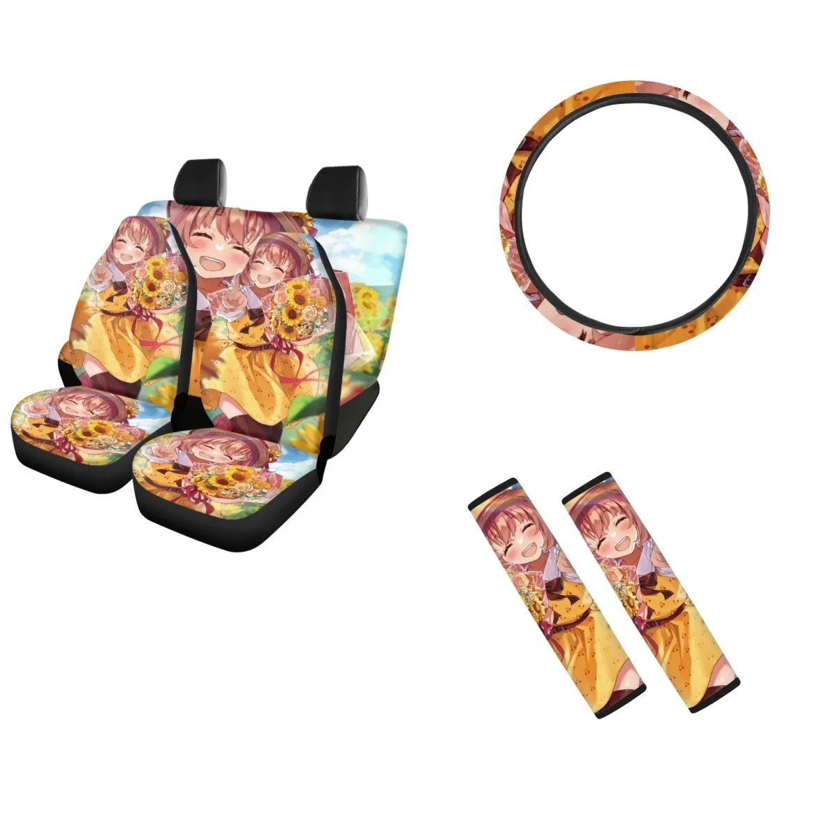 

Car Seat Cover Sunflower Girl Design Set 4pcs Vehicle Steering Wheel Protect Covers Easy Installation Shoulder Strap Pads Decor