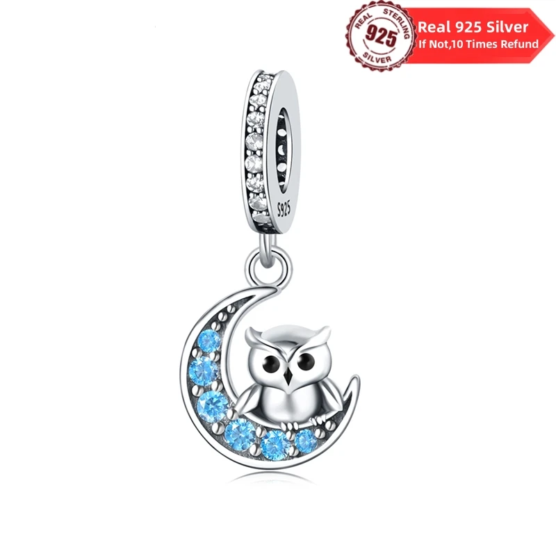 Moon owl Baby 925 Sterling Silver Plated Fit Pandora Charms Original Bracelet for Jewelry Making Women Evening Party Gifts