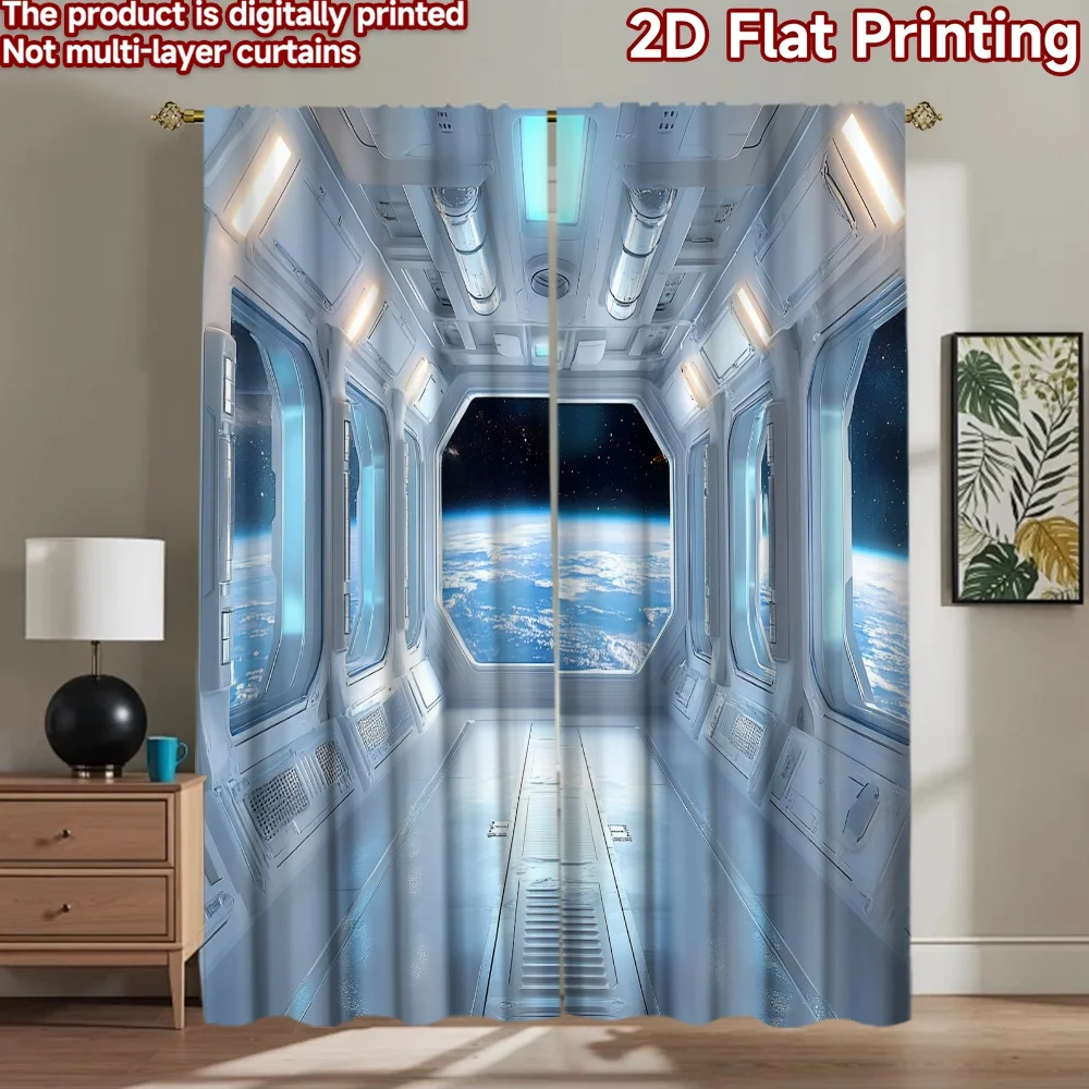 2D flat 2pcs Curtain Retro Country Style Space Station View Digitally printed polyester Birthday Party Use for Holiday Family