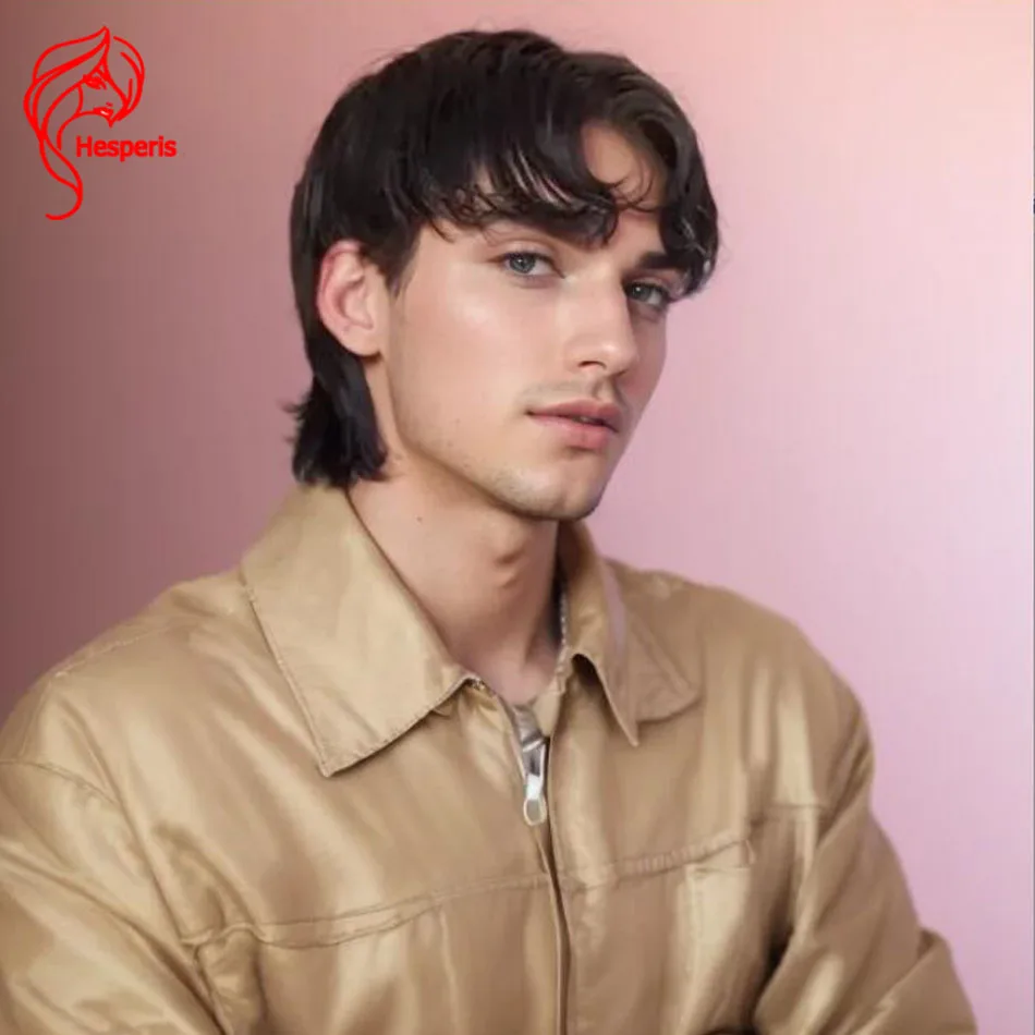 

Hesperis Mullet Cut Human Hair Wigs With Bang Short Shaved Side Full Lace Wig For Man Middle Part Male Wig For Boy Remy Hair