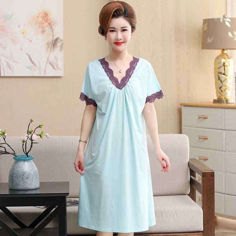 Summer Women's Long Dress Modal Short Sleeve Sleepwear Home Nightshirt Women Causal Sleepwear Ladies Lace Nightgown Women Dress