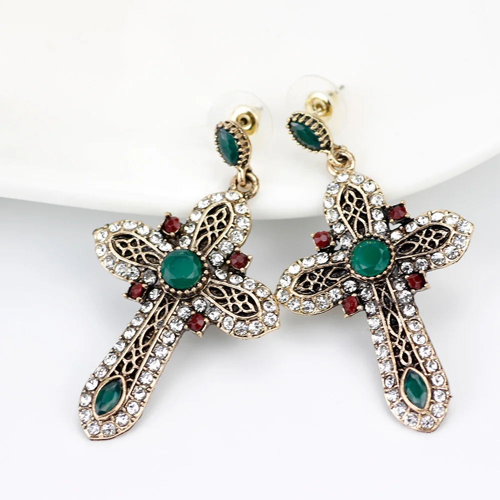 Sunspicems Vintage Turk Cross Earring Long Dangle Earring For Women Antique Gold Color Resin Crystal Multicolor Religion Jewelry