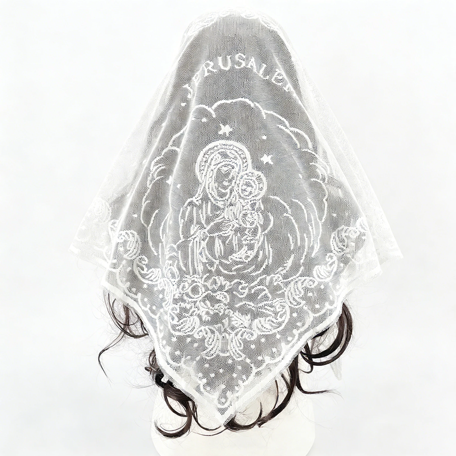 

1Pc Jerusalem Madonna and Child Hollow Out Embroidered Triangle Scarf Virgin Mary Shawl Hijab Catholic Mass Wedding Veil Sheer