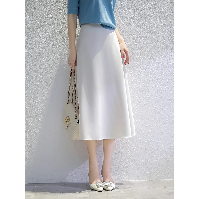 

Gentle Elegant White Silk Skirt One Skirt for Three Seasons High Beige Gray Tone Triacetic Acid Medium Length Skirt All Match