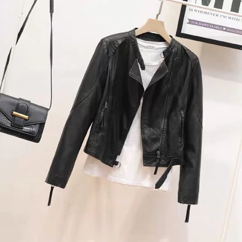 Women\'s PU Leather Jacket with Belt, Short Coat, Stand Collar, Motorcycle Washed Leather Jacket, Spring, New, High Quality, 2024