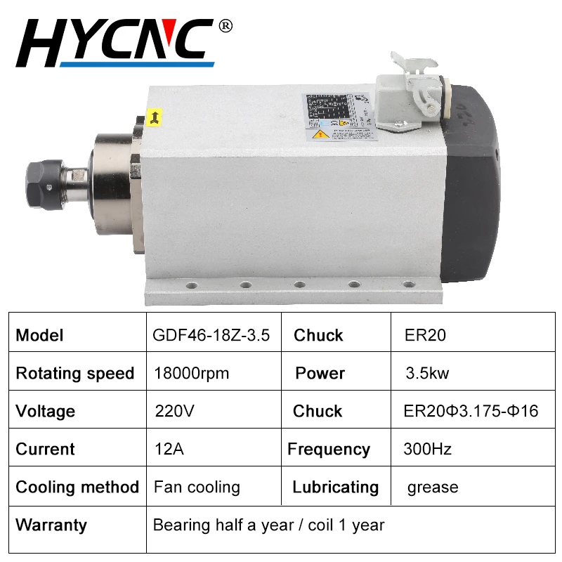 CNC แกนระบายความร้อนด้วยอากาศมอเตอร์ 3.5KW แกนสแควร์ ER20 220V 380V งานไม้แกะสลักพร้อมหน้าแปลนยึดสําหรับเครื่องกัด CNC