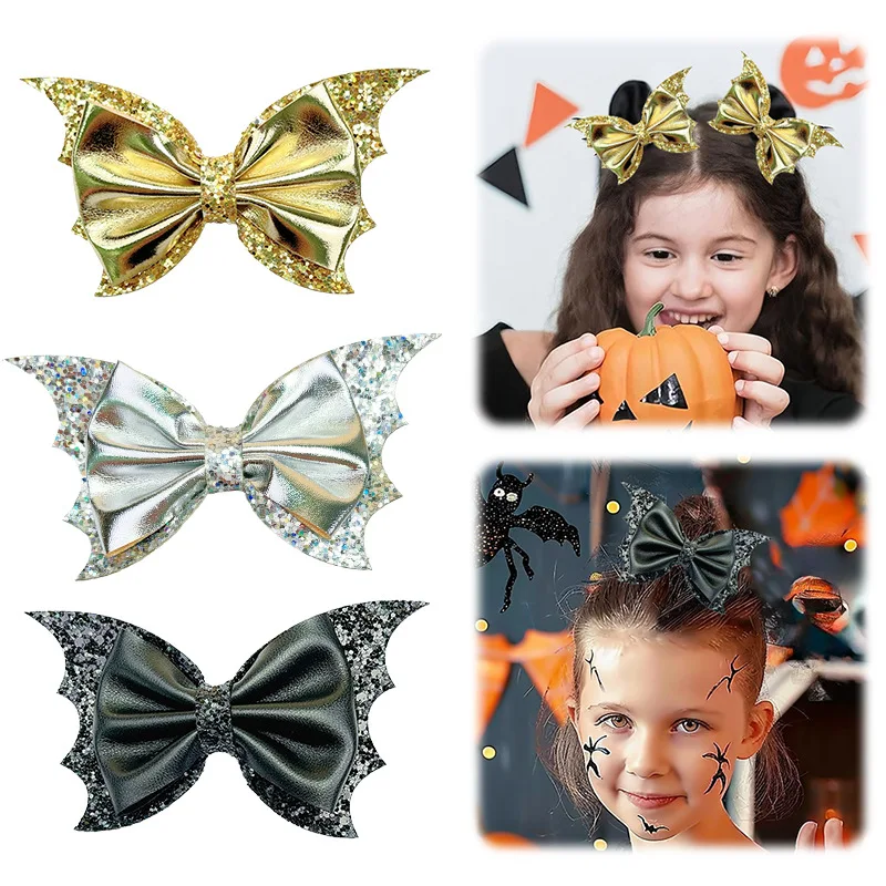 

1/2pcs Girls Halloween Bat Wing Hair Side Clips Children's Butterfly Bow Hair Clips Scallion Powder Glitter Funny Party Headwear
