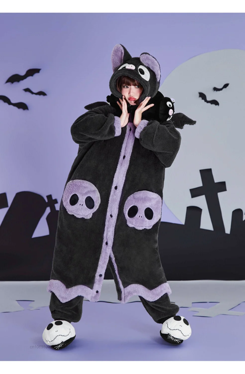 Bat Cosplay Hooded Nightdress With Pants 2 Piece Set Skeleton Witch Nightgown Set Winter Flannel Pajamas Set Halloween Nightwear