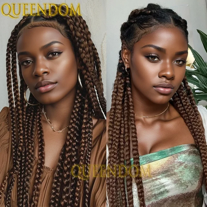 

Full Lace Long Synthetic Braided Wig 36 Inch Jumbo Crochet Box Braids Goddess Wigs Knotless Ombre Brown Cornrow Plaits Braid Wig