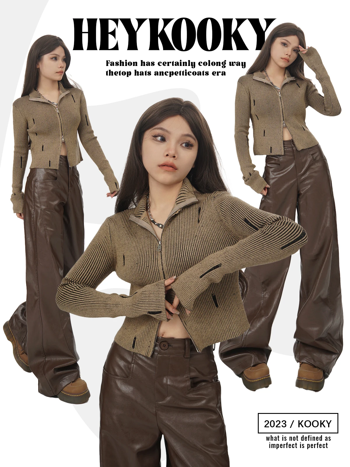 

Street Sle ort вязаный кардиган женский модный дизайн с двойной молнией пальто винтажный кофейный цвет приталенный топ модный