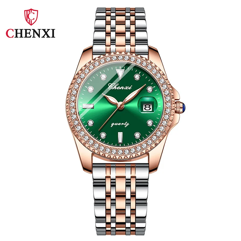 CHENXI-Reloj de pulsera de acero inoxidable para mujer, cronógrafo con esfera verde de estilo Vintage, diseño de diamantes de imitación, regalo del