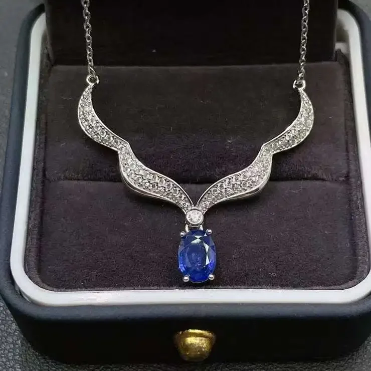 

Luxury Sterling Silver Sapphire Necklace for Party 5mm*7mm Natural Sapphire Silver Necklace Gift for Woman