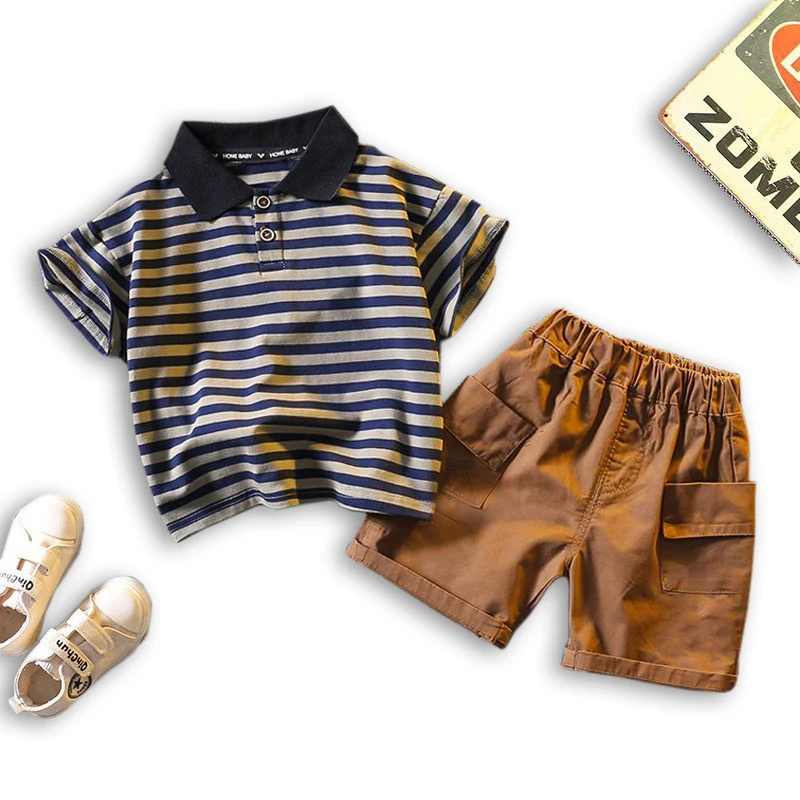 IENENS Summer Boy's Clothes Sets Striped Polo-shirt Shorts Suits Kids Casual Soft School Outfits