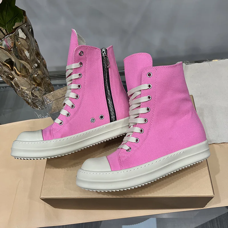 Casual Shoes Women Casual High Top Quality Pink Ankle Boots Designer Trainer Zip Lace Up Canvas Ro Thick Sole Men Flat Sneakers