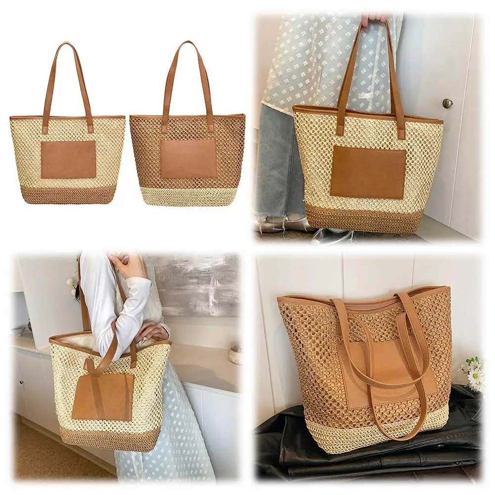 

Women Crochet Beach Handbag PU Patchwork Weaving Travel Bag Large Capacity Simple Shoulder Bag Ladies Summer Daily Bag