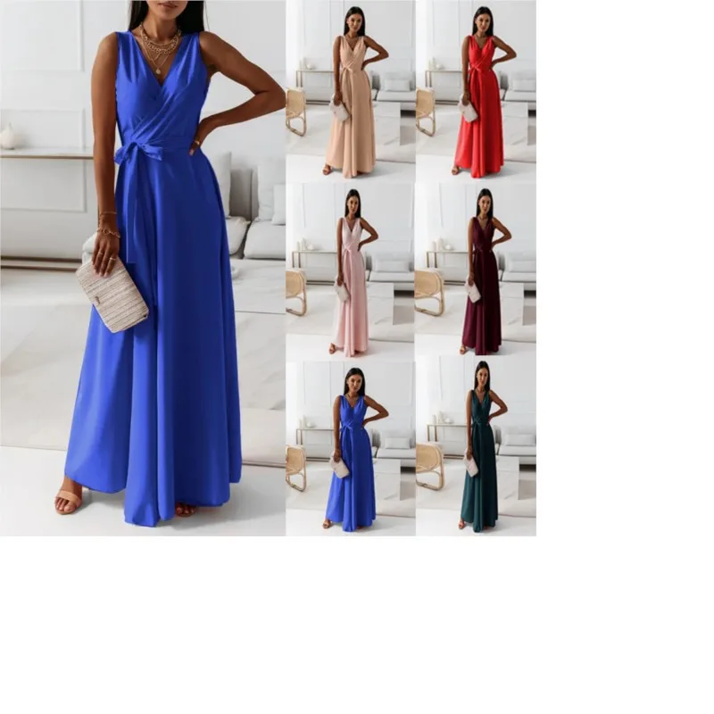 

Women's Dress Long Sleeveless Lace-up 2026 Spring And Summer Casual Fashion Loose New Women's Solid Color V-neck A-line Dress