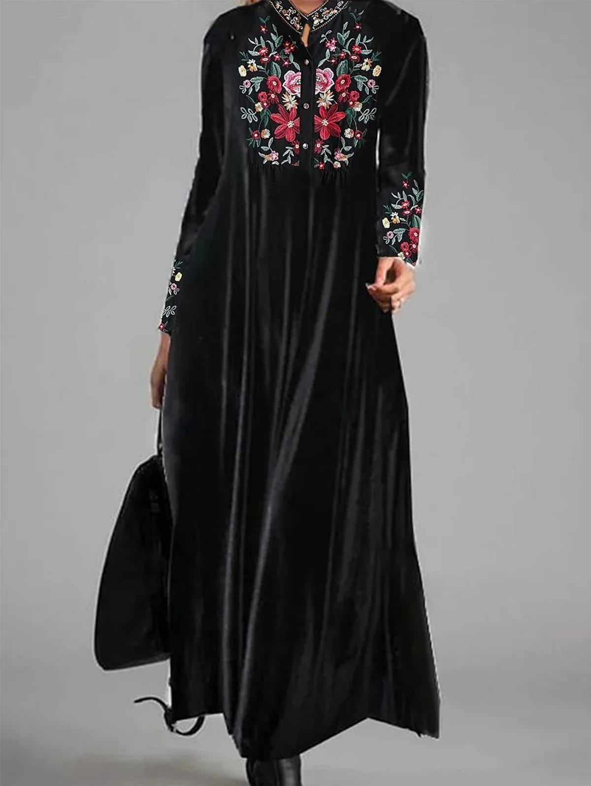 

Vintage Velvet Women Maxi Dress Flower Pattern Round Neck Long Sleeves Evening Dress Slim Fit Pleated Bodycon Prom Dress 2025