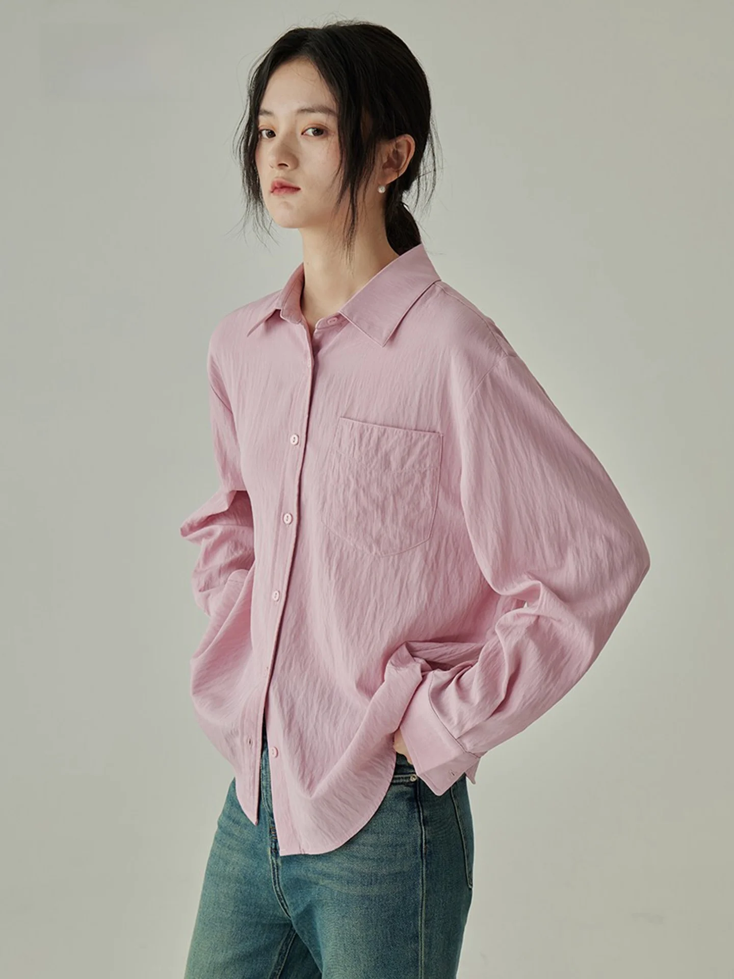 Pink Casual Shirt Women's Design Loose Collar Spring Summer New Style Sun Protection Fashionable Breathable Long Sleeve Shirt