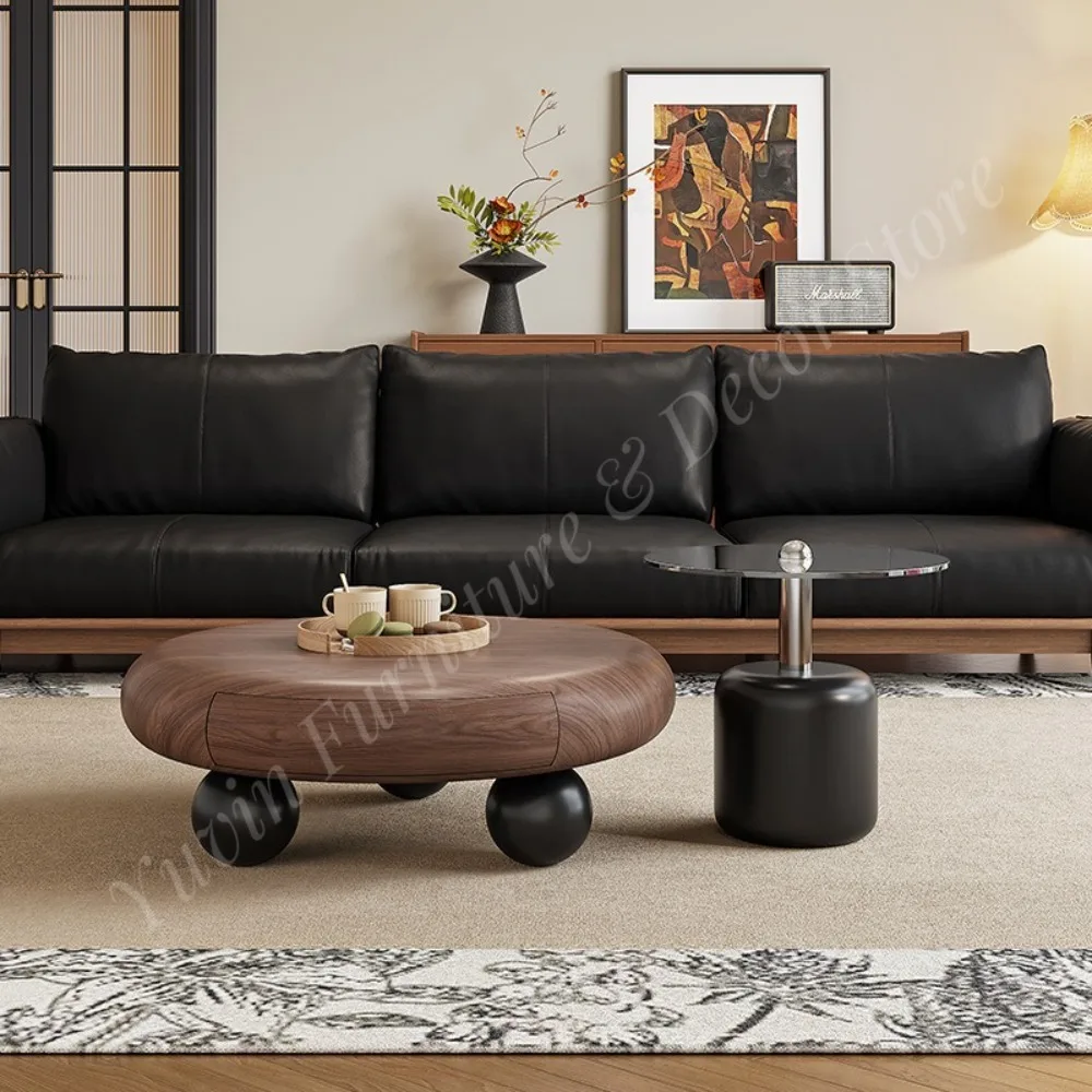 Creative Mid-Style Solid Wood Tabletop Living Room Apartment Storage Size Round Coffee Table
