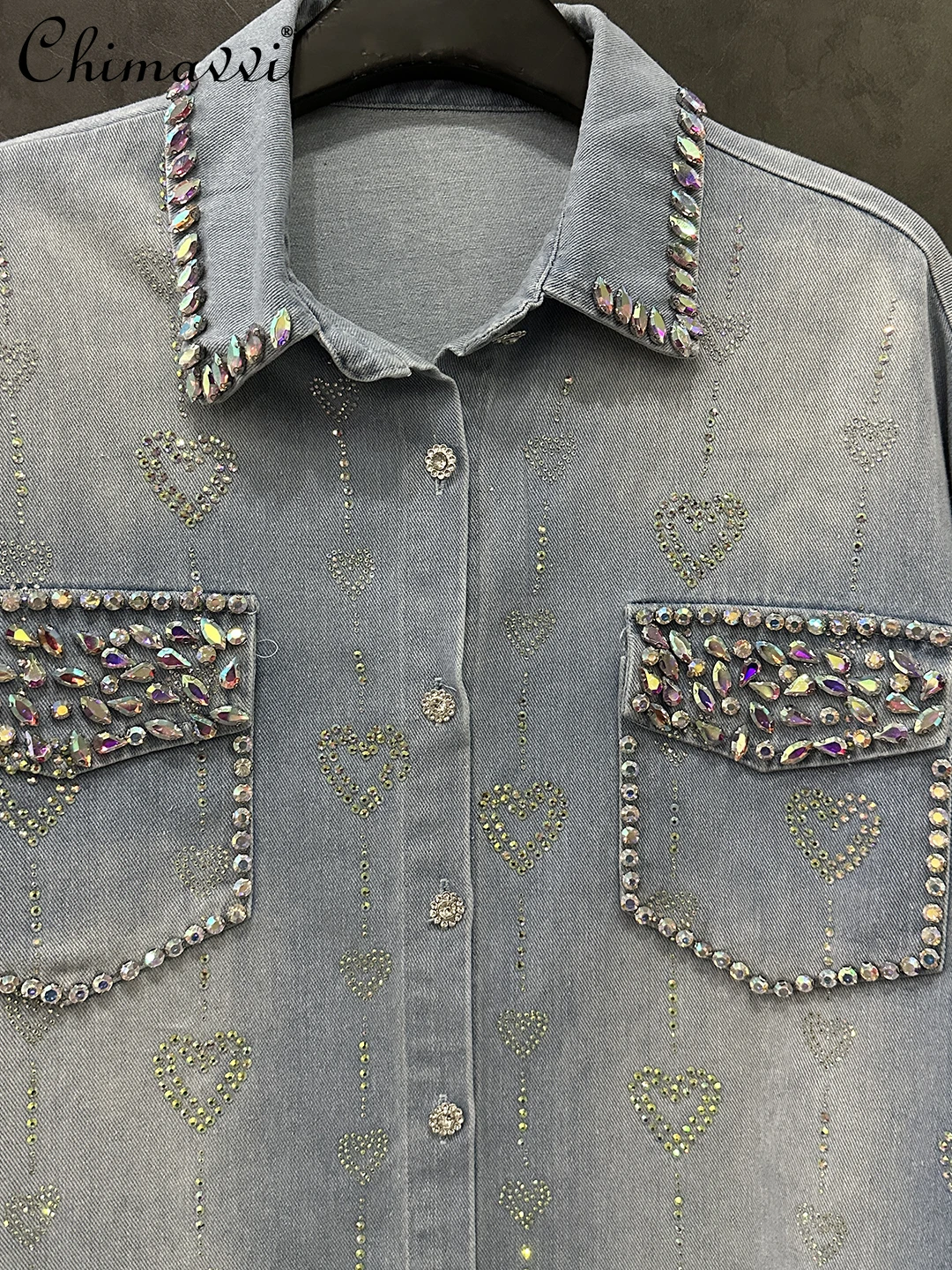 2025 Autumn Clothes New Heavy Heart Rhinestone Long Sleeve Denim Shirt Jacket Women Fashion Loose Casual Mid-Length Top