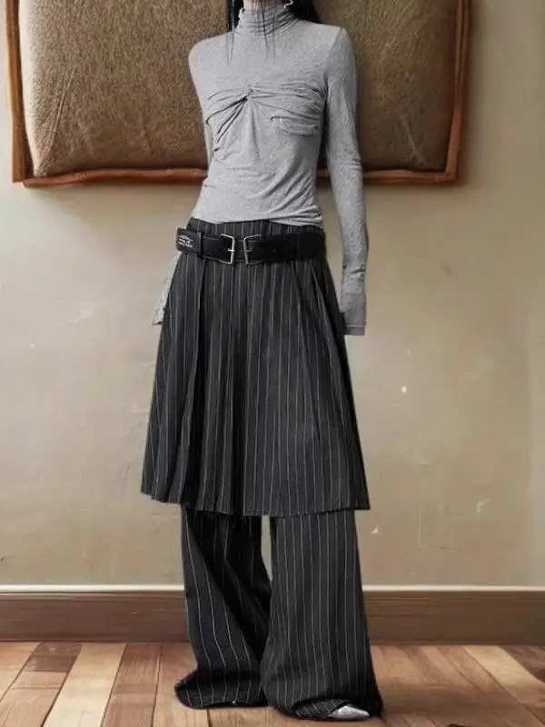 Slimming Vertical Striped Wide Leg Pants Loose Floor-Length Women's Trousers Autumn New Sle plus Size Casual Long Pants