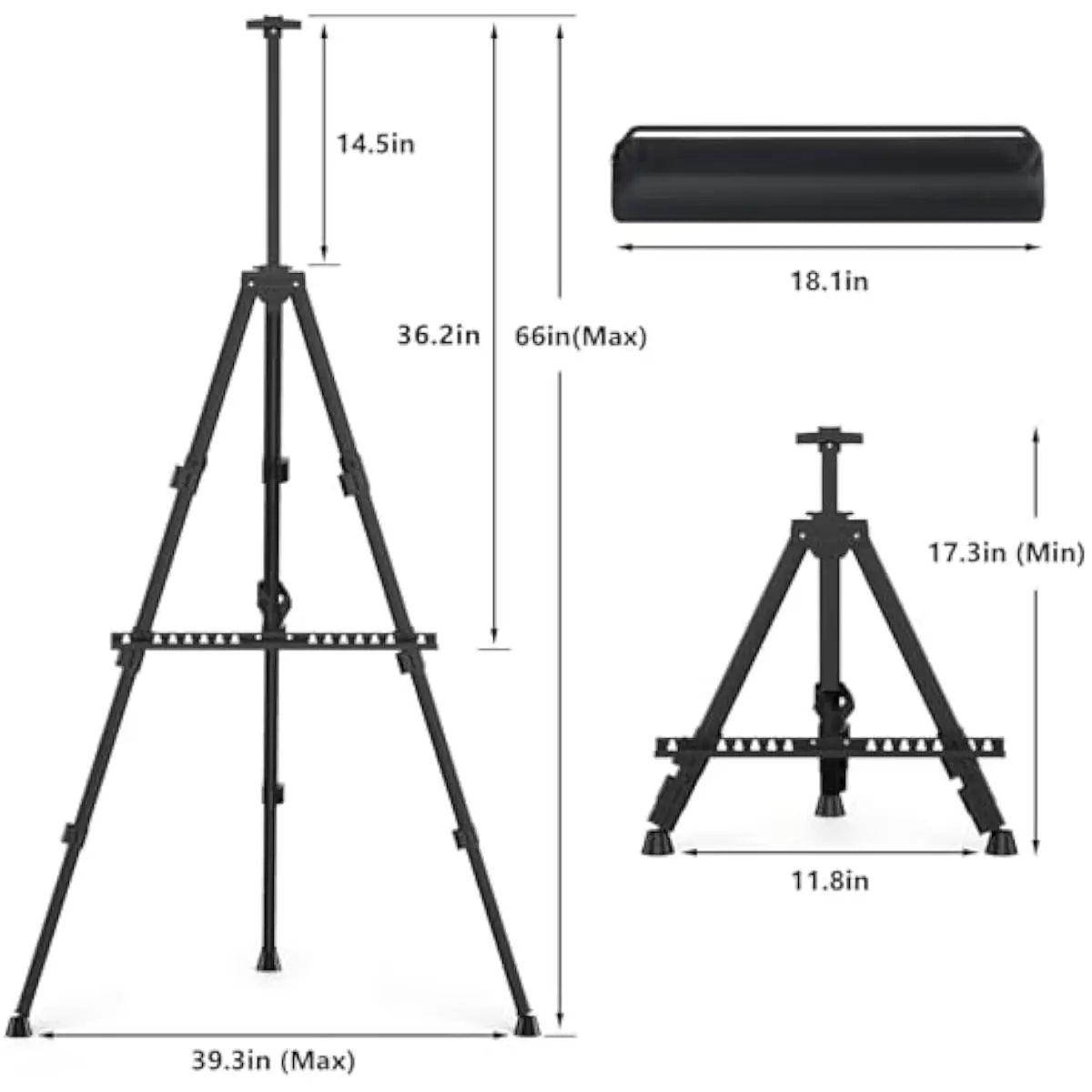 Heavy-duty adjustable metal easel stand for signs and canvases — height range 17.3–66 inches, foldable tripod design with secure