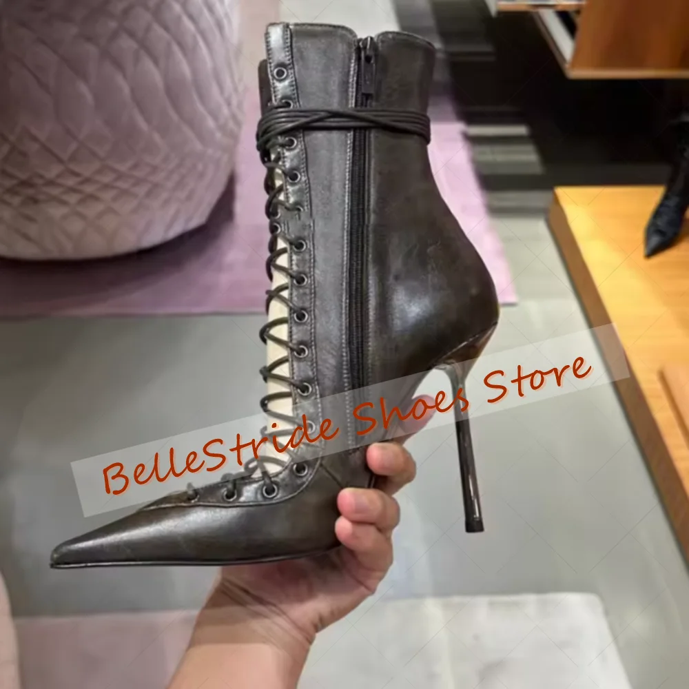 블랙 사이드 지퍼 포인티드 토 부츠 레이스업 여성 슈즈 스틸레토 하이힐 파티 연회 데이트 2025 여성용 신발