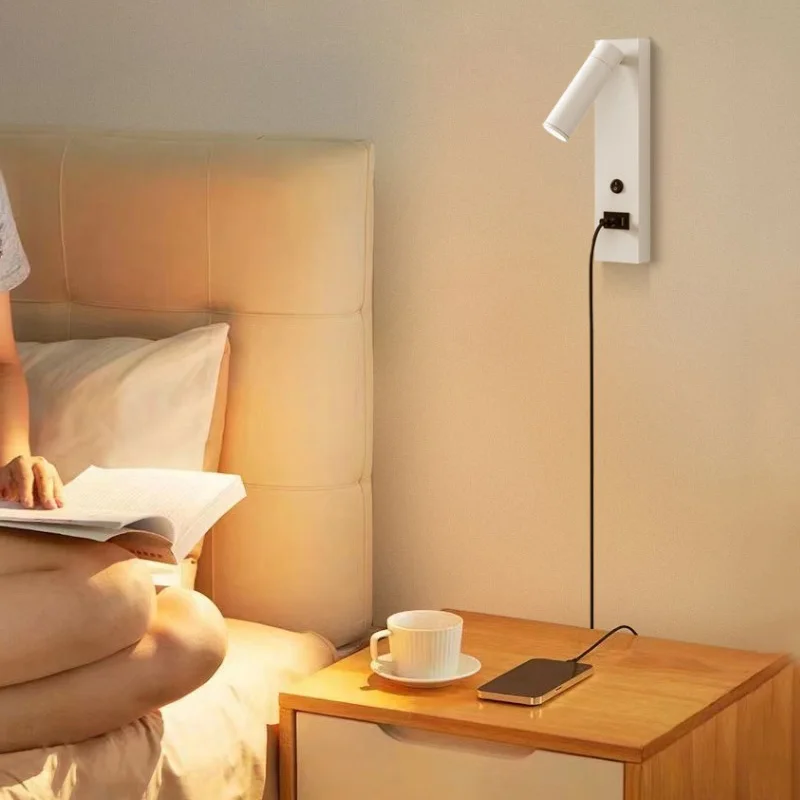 

3W COB LED Bedroom Bedside Reading Light Type-C USB Phone Charger Wall Sconce Lamp Fixture Swivel Head Spotlight Switch Hotel