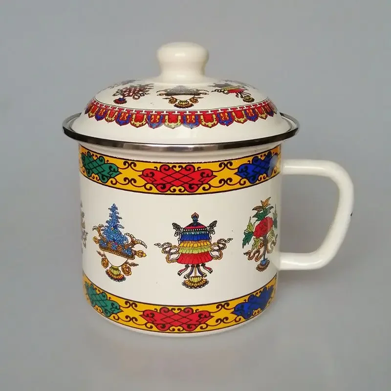 Thickened Large Enamel Cup with Lid, Heatable Nostalgic Enamel Mug for Water, Coffee & Instant Noodles, Enamel Teapot