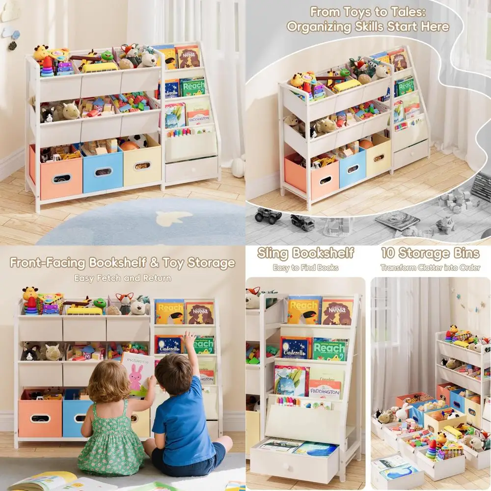 منظم كتب ولعبة للأطفال على طراز مونتيسوري مع 3 أرفف و10 صناديق لغرفة اللعب