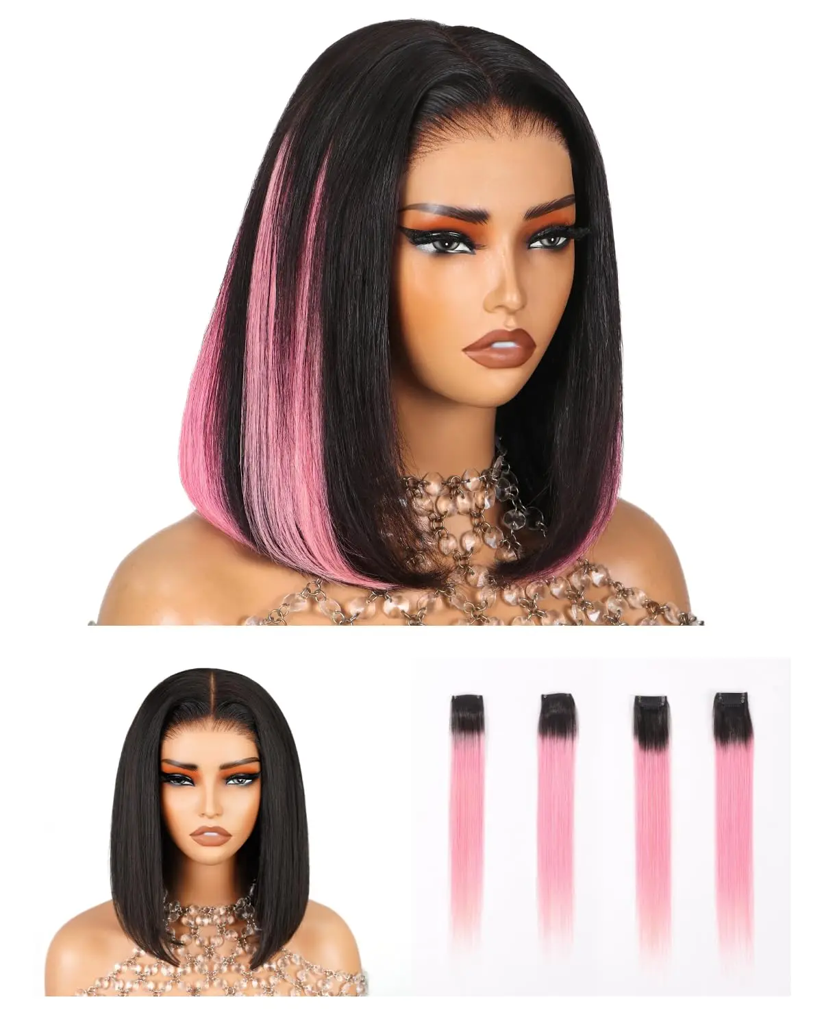 Arabella 12Inch 6X6 Bob Wig Human Hair And 4 Pcs 1B/Pink Clip In Hair Extensions Ready To Go Glueless Wig Real 210% Density