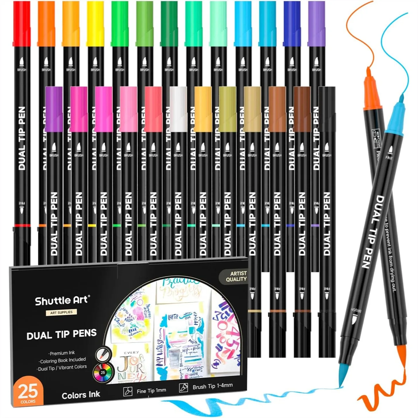 

Dual Tip Brush Marker Pens 25 Colors Water-Based Ink Fine And Brush Tip Marker Set With 1 Coloring Book For Kids Adult Artist Calligraphy Hand Lettering Journal Doodling Writing