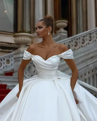 Simple Off The Shoulder Satin Wedding Dresses for Bride Pleat A Line Beach Bride Dress with Train Customized