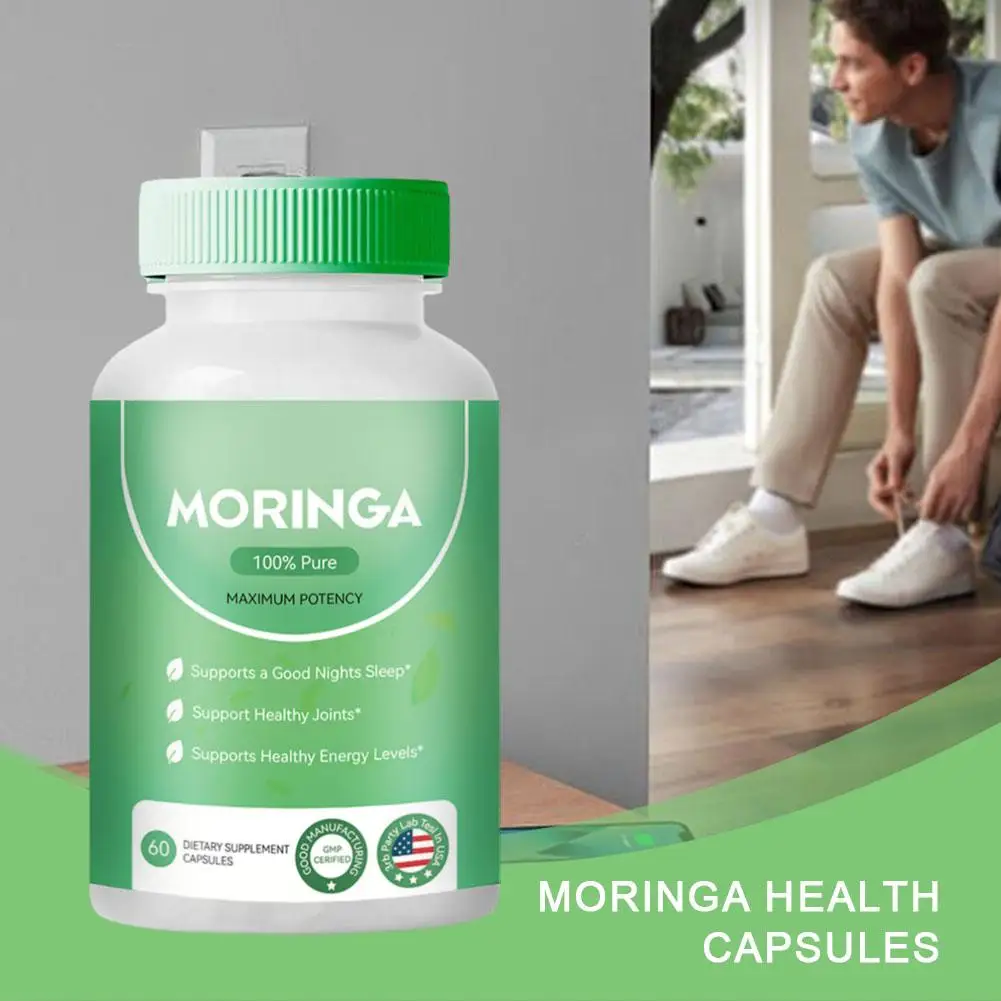 60pcs/bottle Unisex 100% Pure Moringa Leaf Capsules For All Ages Replenish Minerals Anti-fatigue Stay Energy Improve Work Sport