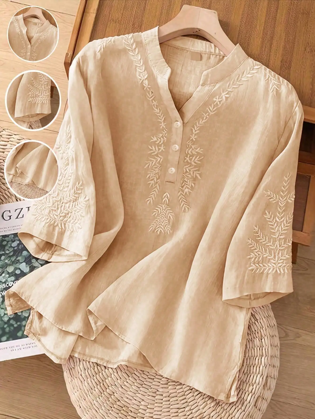 

Women's Solid Color Loose Linen Blouse With Embroidery Casual Spring Summer