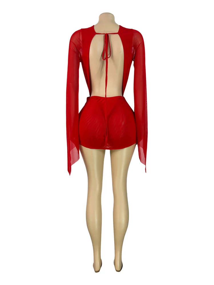 Modische Frühlings-Freizeitkleider für Damen, Transparentes Mesh-Kleid mit Tiefem V-Ausschnitt, Rückenfreies Langes Kleid mit Ausgestellten Ärmeln, Wickelkleid, Minikleid – Detail 14