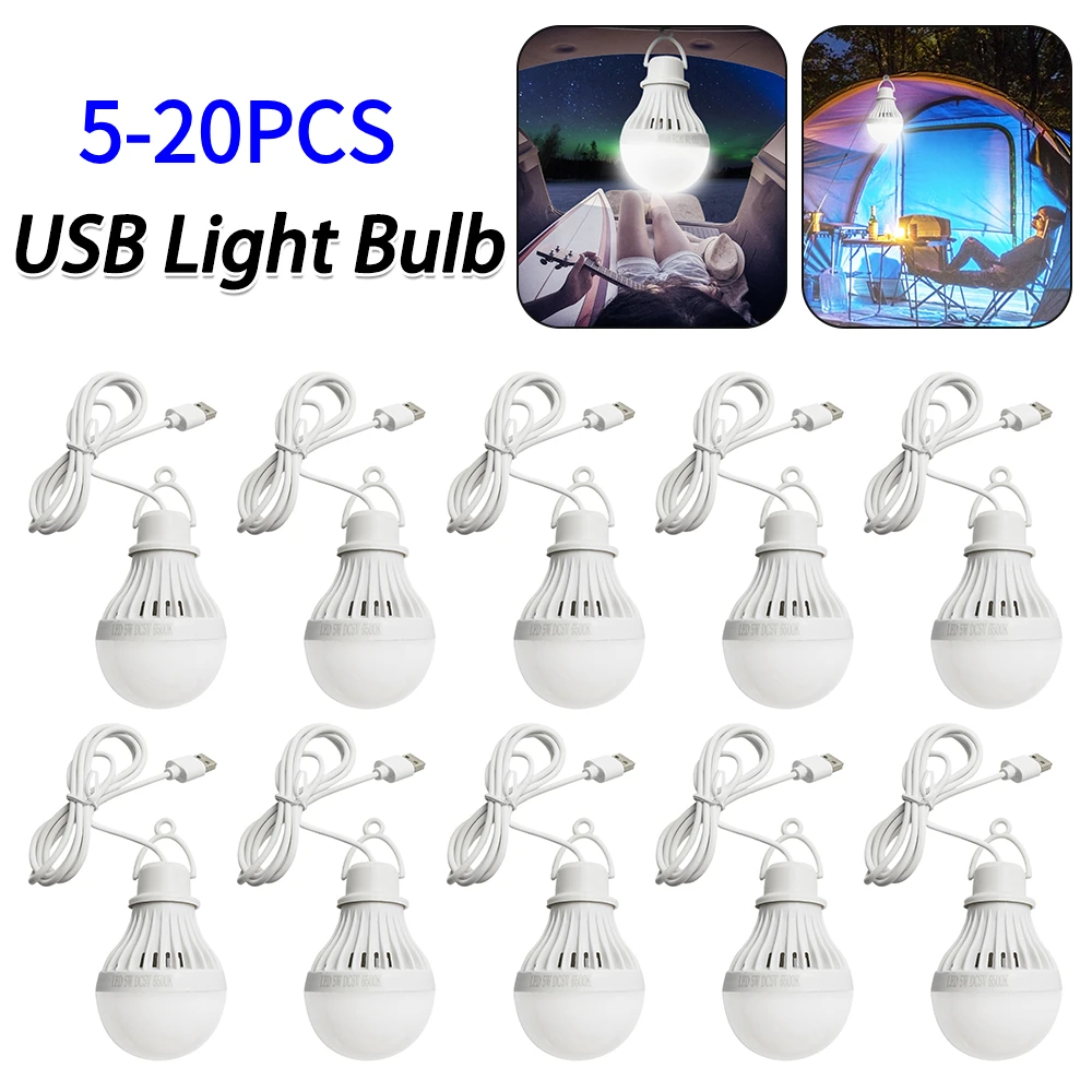 

5-20PCS USB Light Bulb LED Camping Light Bulb Portable Emergency Light Hanging for Tent Emergency Fishing Hiking Garden Barbecue