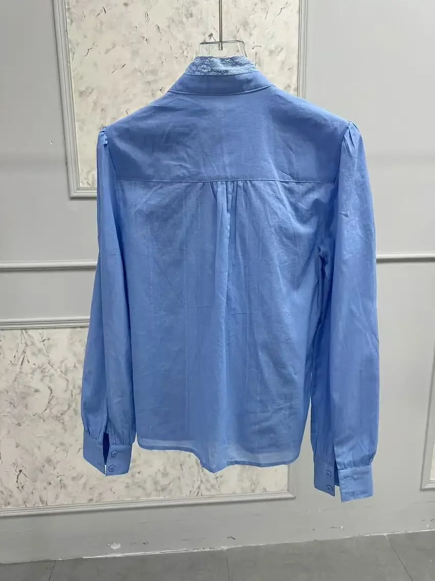 2025 신상 여성 레이스 블라우스 긴팔 싱글 버튼 블루 또는 화이트 러플 셔미즈 봄 여름