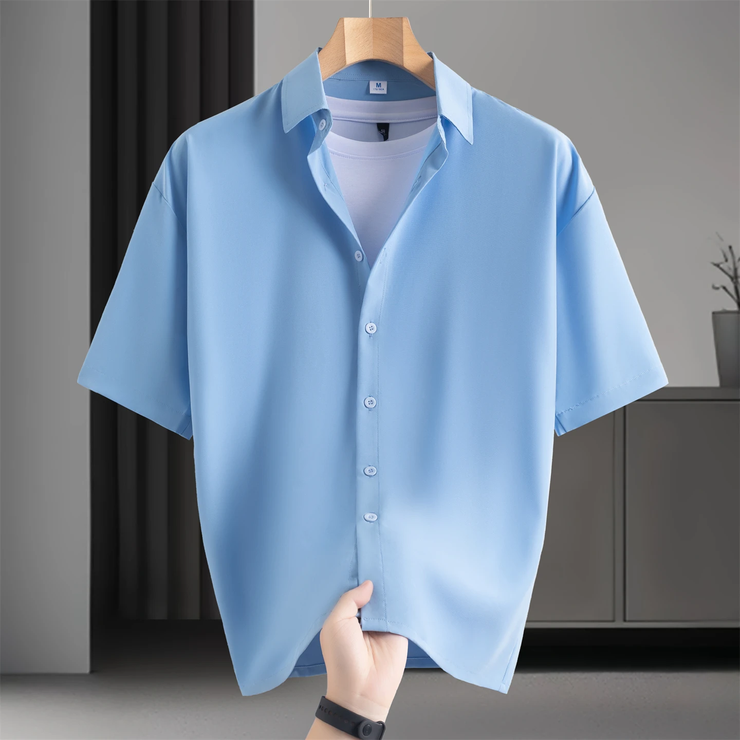 

No Ironing Business Casual Shirt Men's Summer Ice Silk Short-Sleeved Drapey High-End Loose Casual Solid Color Shirts for Men