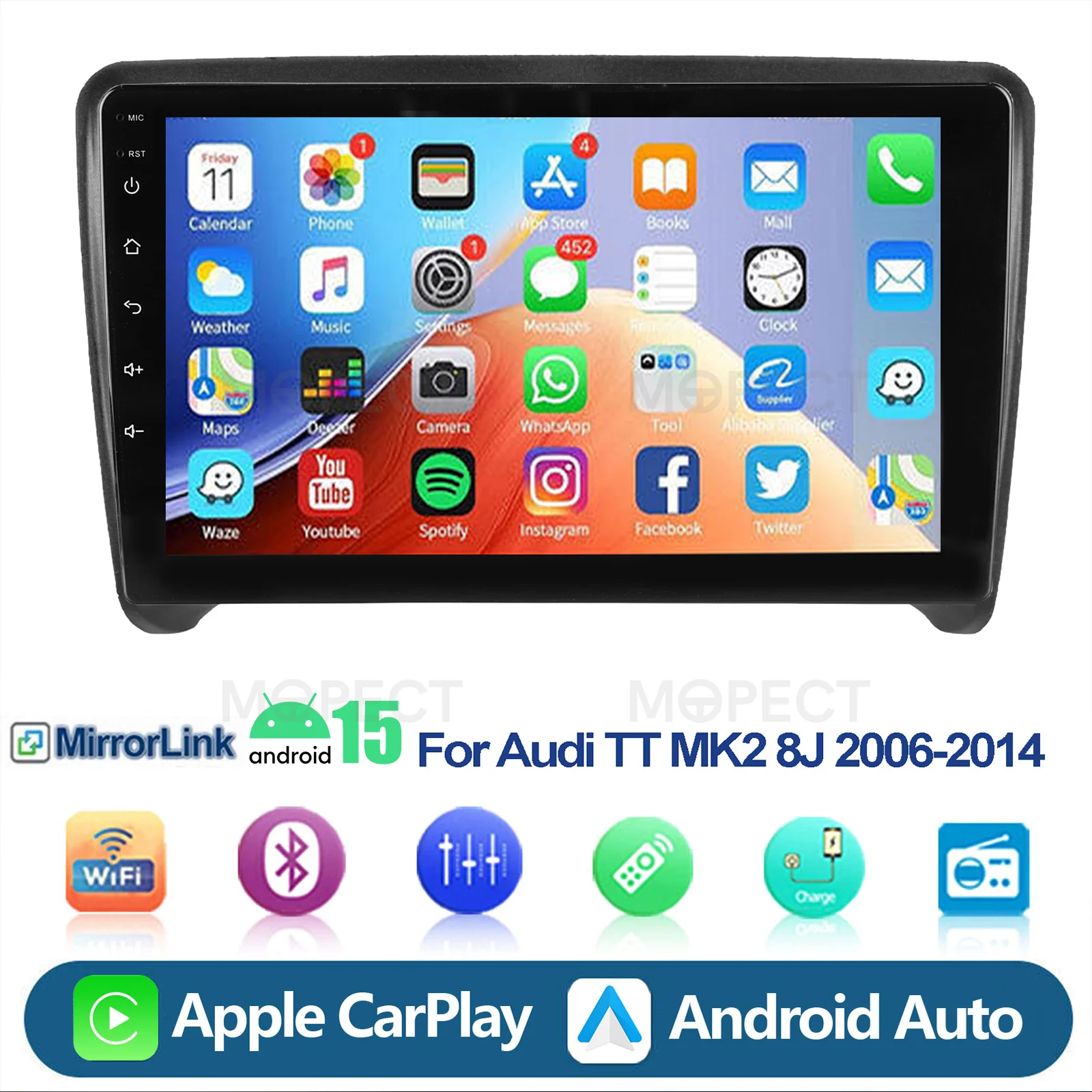 MOPECT Autoradio Android 15 da 9 Pollici con GPS, Carplay, Android Auto, Lettore Multimediale, FM, BT, WiFi, RDS per AUDI MK2 8J TT 2006-14